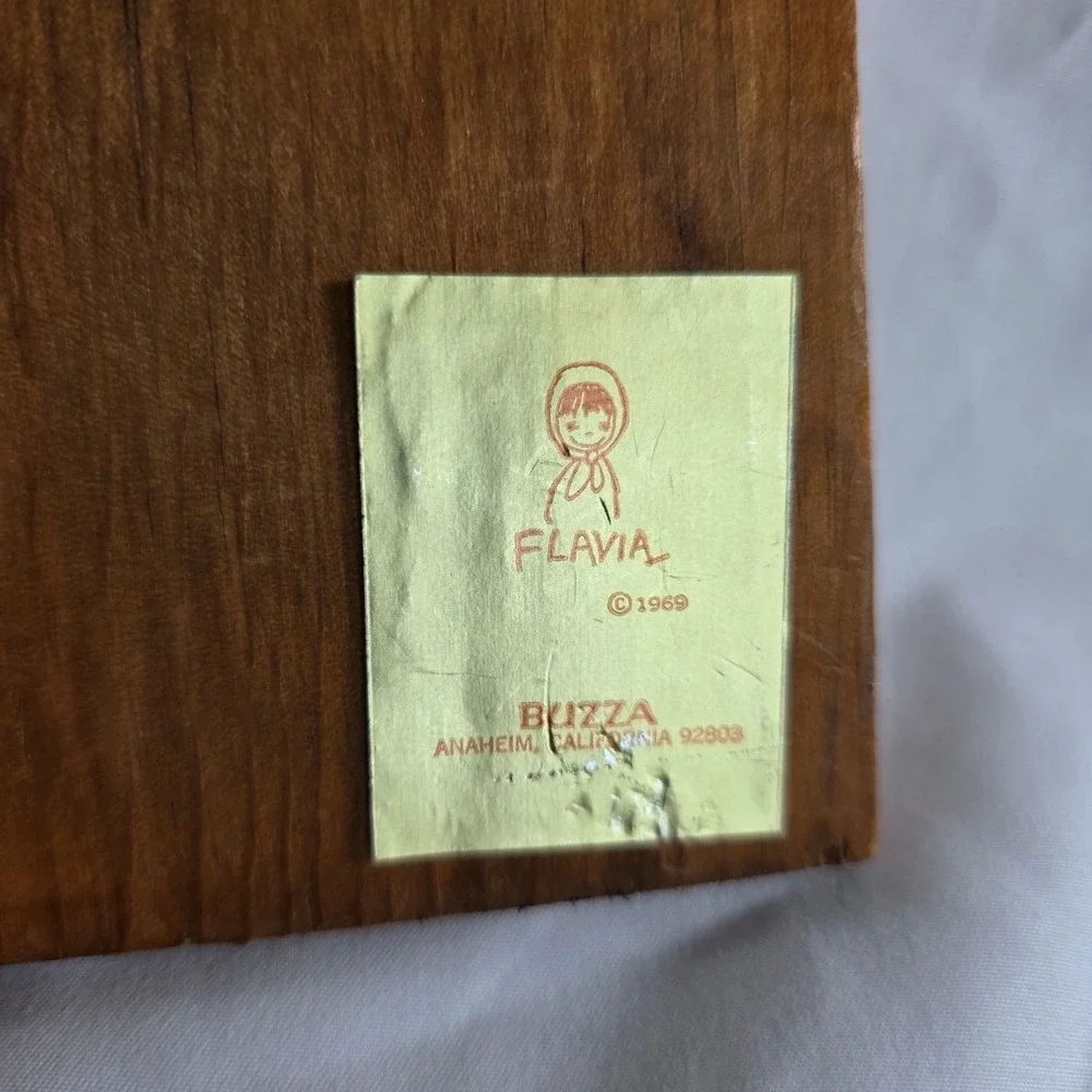 Vintage 1969 Flavia Weedn Buzza Wood Plaque Art School Dance Girls Foil Sticker - Picture 2 of 15